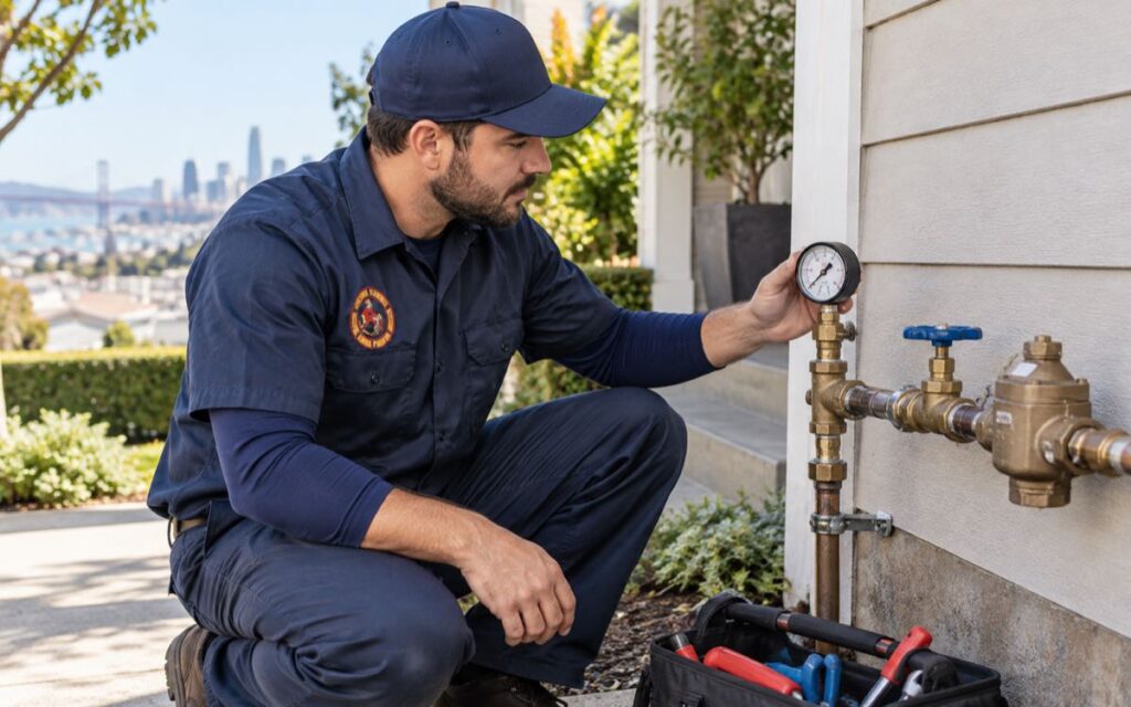 Discount Plumbing technician checking residential water pressure in San Francisco