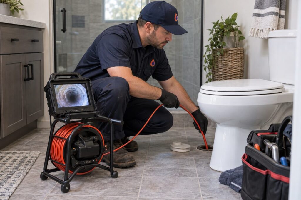 Plumber inspecting a toilet with a low water level in a San Francisco bathroom