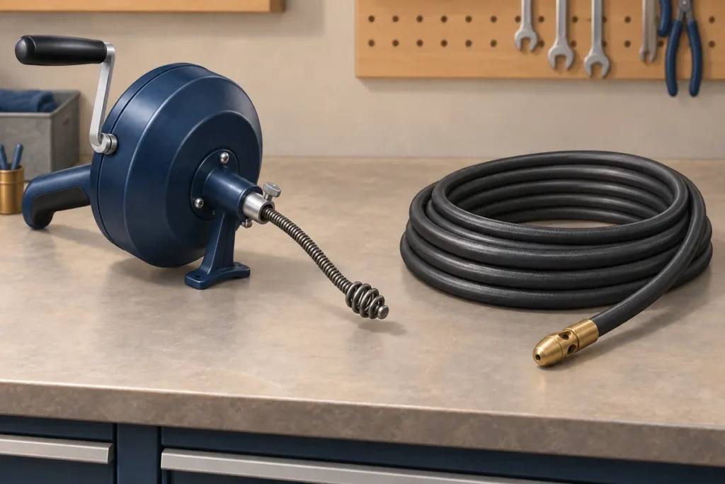 Illustration of a drum drain snake with a spring cable beside a coiled jetter hose and brass nozzle.