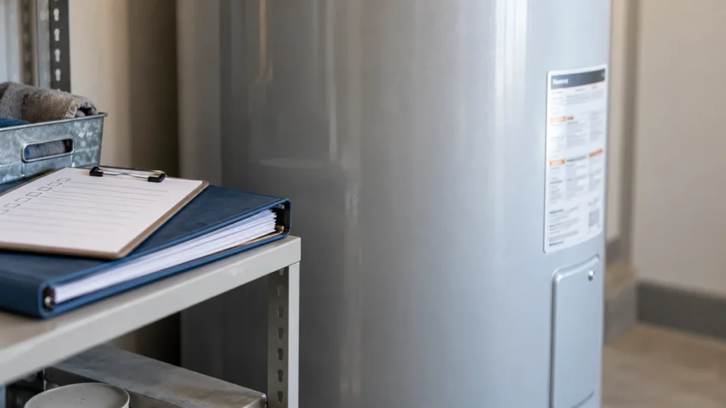 Illustrative photograph of a storage water heater beside a maintenance folder and inspection checklist.