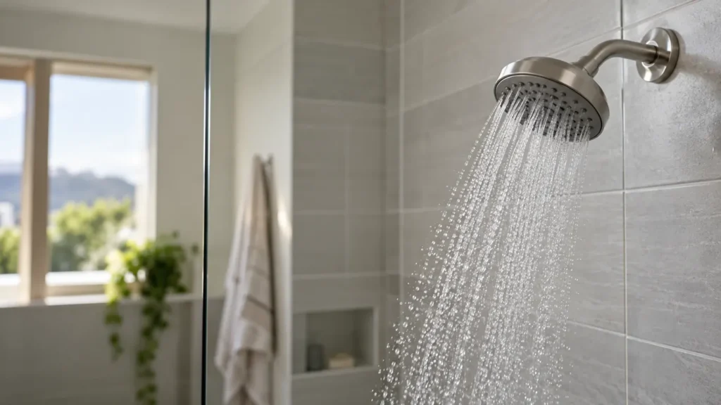 Chrome showerhead running in a tiled bathroom.
