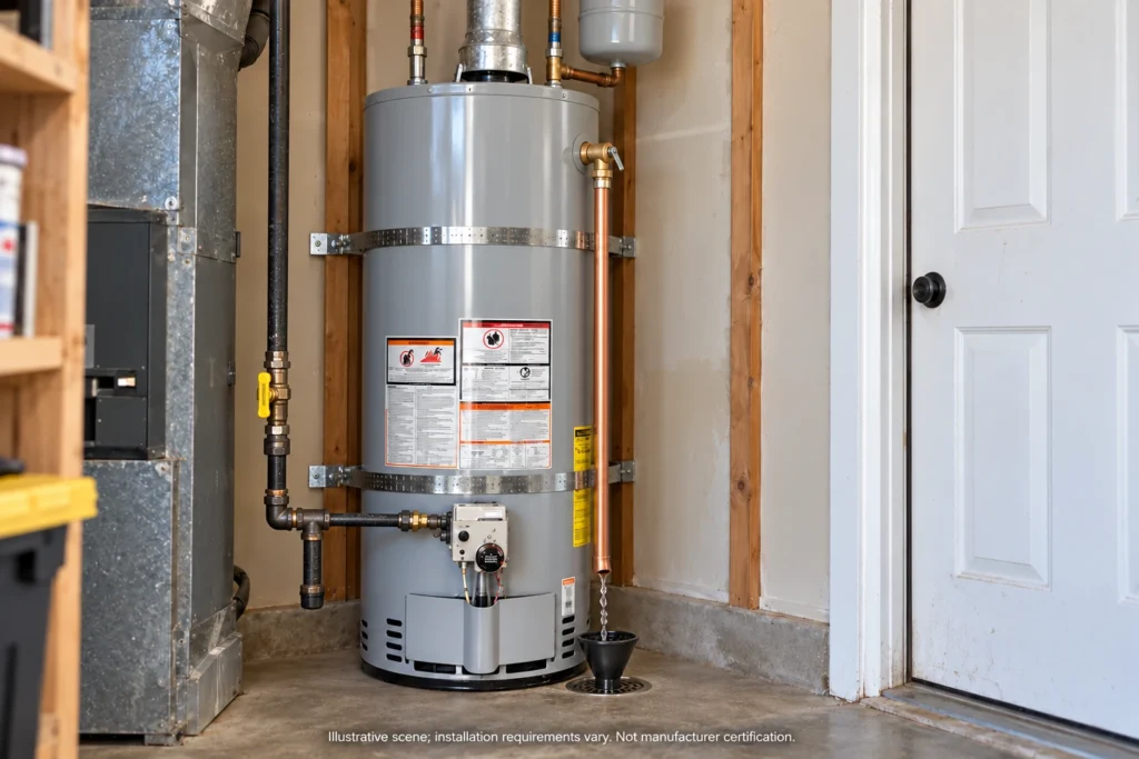 Illustrative gas water heater with restraint straps, an upstream gas shutoff and sediment trap, and relief-valve discharge dripping through an air gap into a drain receptor.